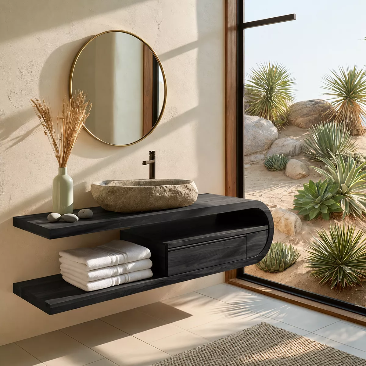 Floating Solid Wood Bathroom Vanity With Open Shelf And Rounded Drawer Storage