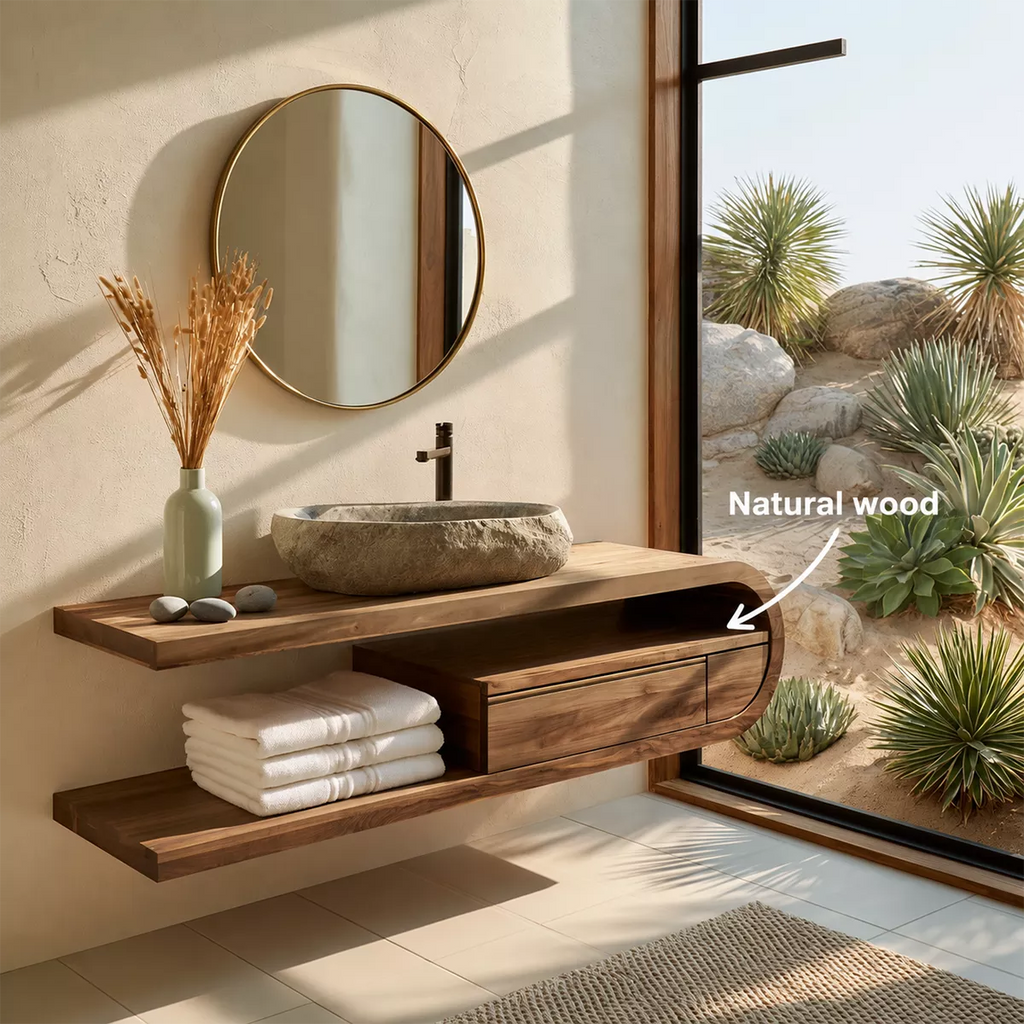 Floating Solid Wood Bathroom Vanity With Open Shelf And Rounded Drawer Storage