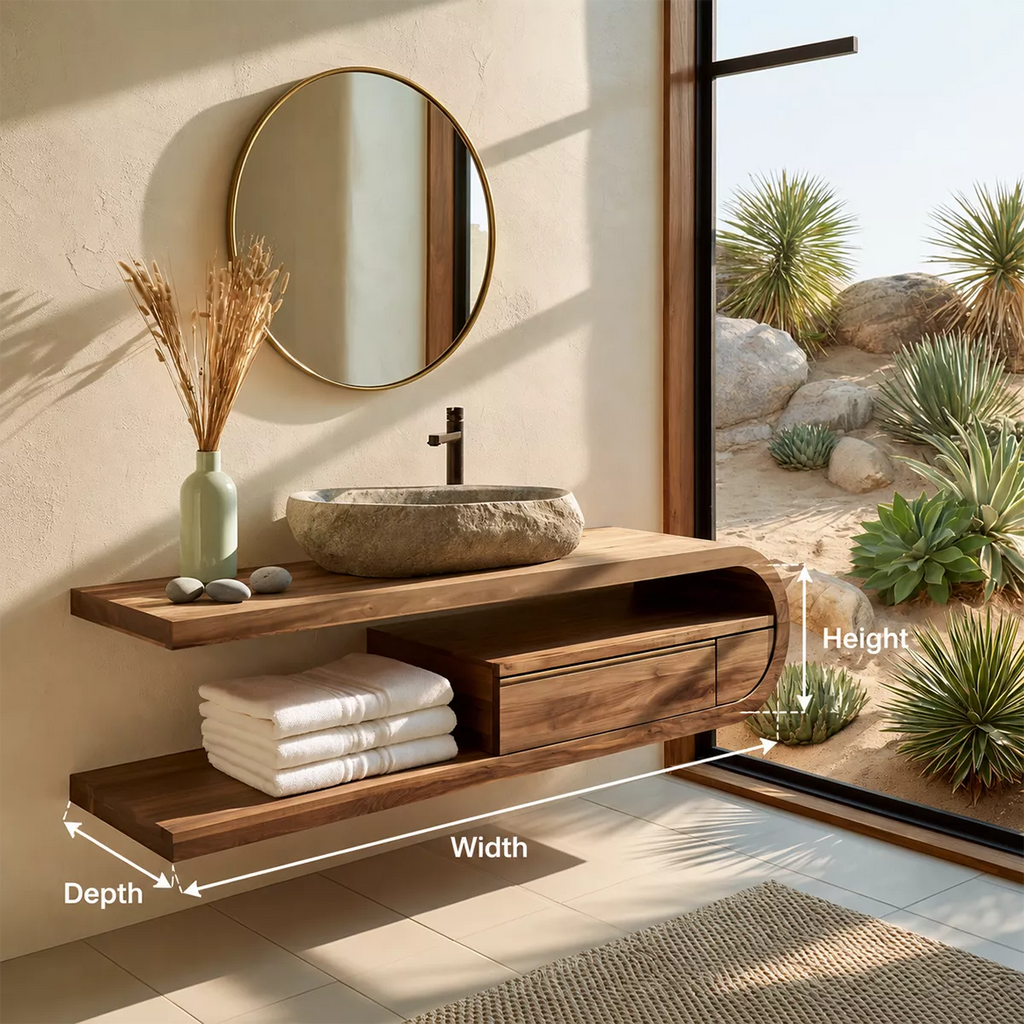 Floating Solid Wood Bathroom Vanity With Open Shelf And Rounded Drawer Storage