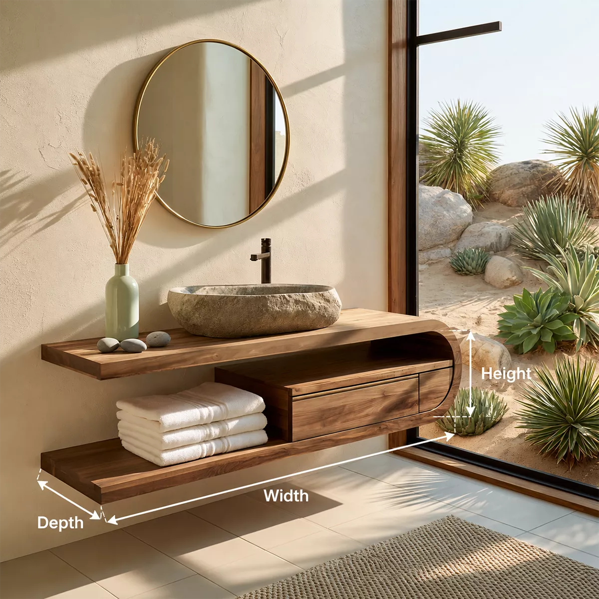 Floating Solid Wood Bathroom Vanity With Open Shelf And Rounded Drawer Storage