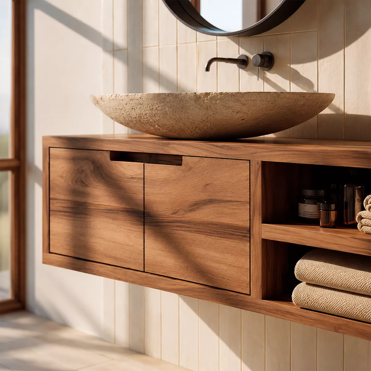 Floating Solid Wood Bathroom Vanity With Hidden Cabinet And Open Shelf Storage