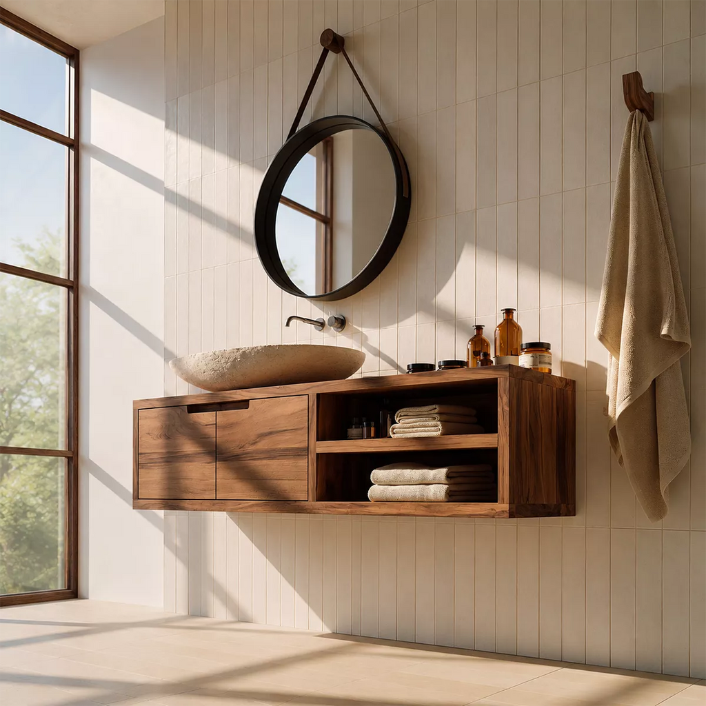Floating Solid Wood Bathroom Vanity With Hidden Cabinet And Open Shelf Storage
