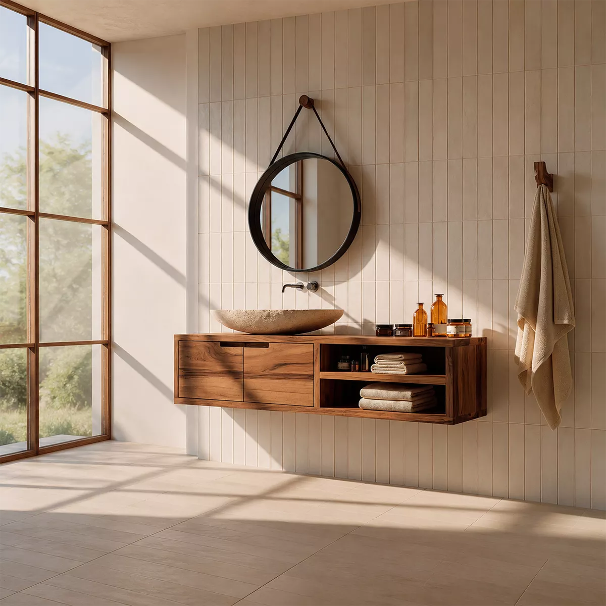 Floating Solid Wood Bathroom Vanity With Hidden Cabinet And Open Shelf Storage