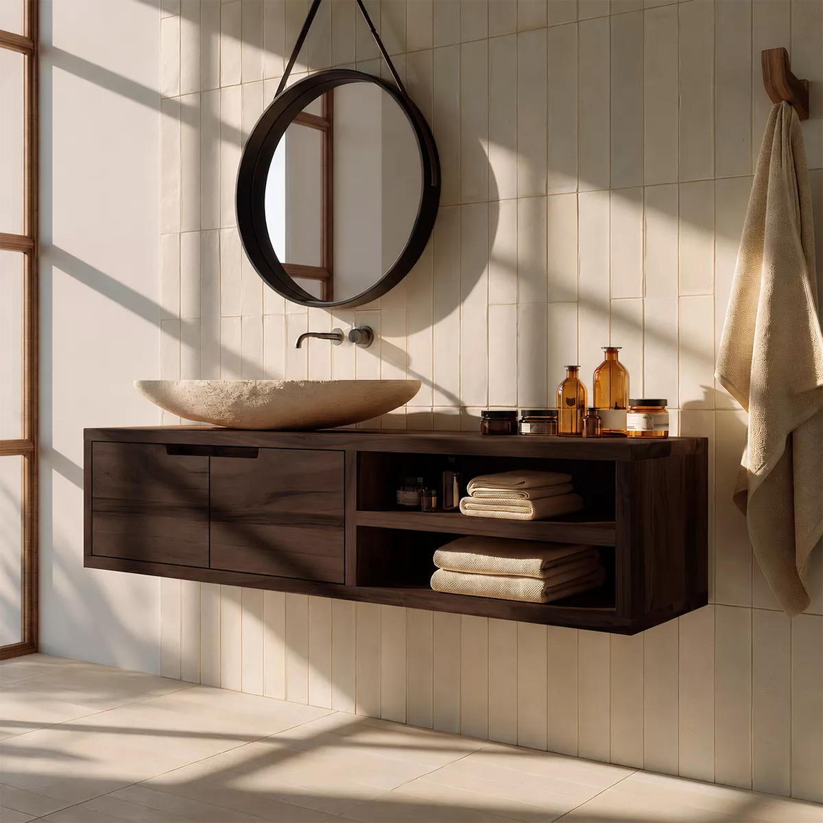 Floating Solid Wood Bathroom Vanity With Hidden Cabinet And Open Shelf Storage