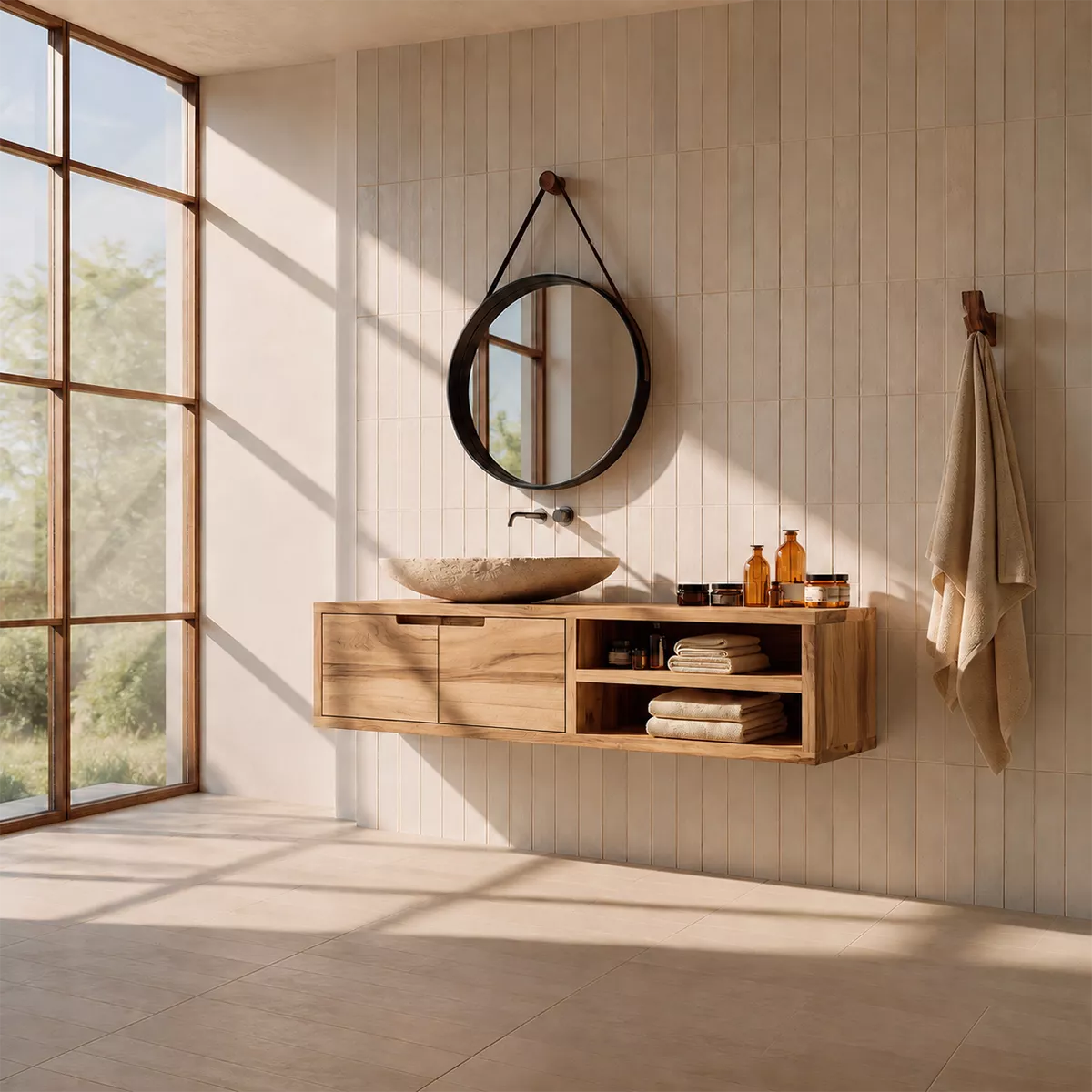 Floating Solid Wood Bathroom Vanity With Hidden Cabinet And Open Shelf Storage