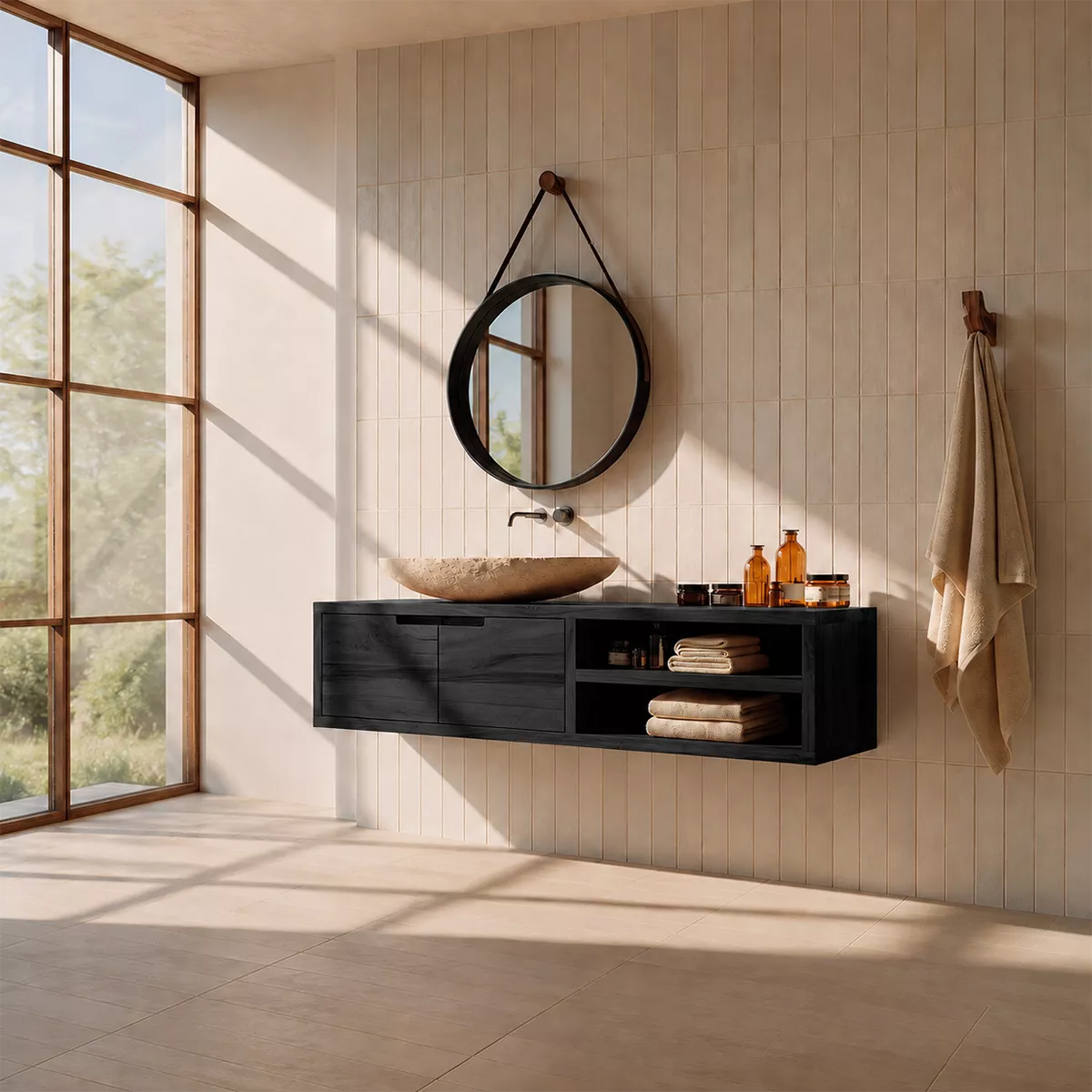 Floating Solid Wood Bathroom Vanity With Hidden Cabinet And Open Shelf Storage