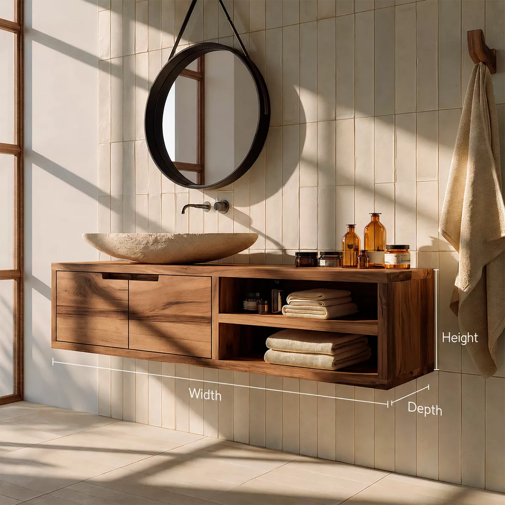 Floating Solid Wood Bathroom Vanity With Hidden Cabinet And Open Shelf Storage