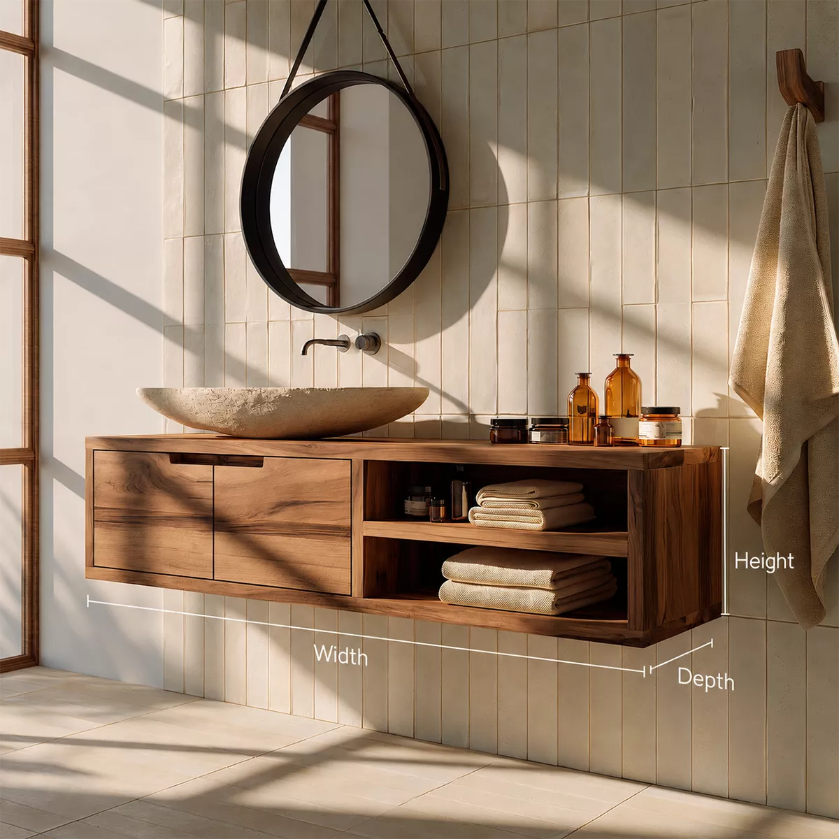 Floating Solid Wood Bathroom Vanity With Hidden Cabinet And Open Shelf Storage