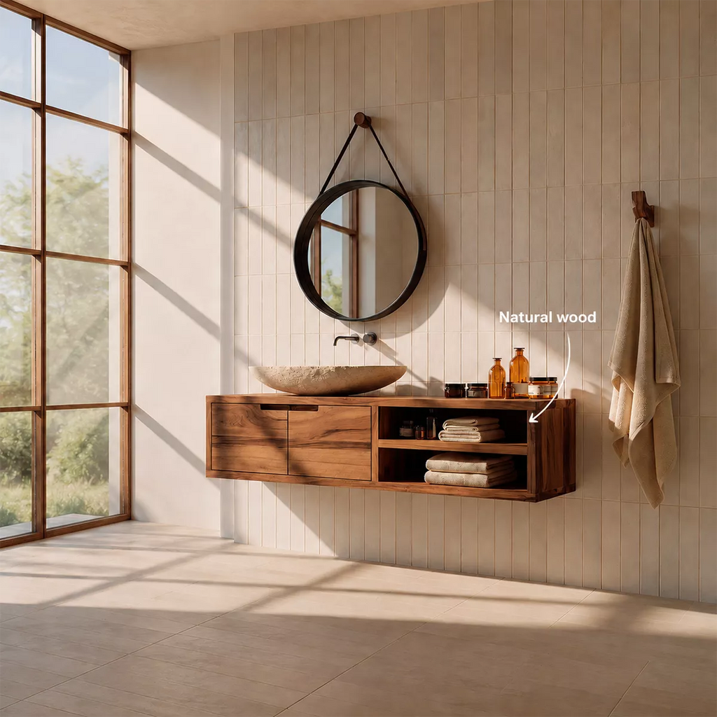 Floating Solid Wood Bathroom Vanity With Hidden Cabinet And Open Shelf Storage