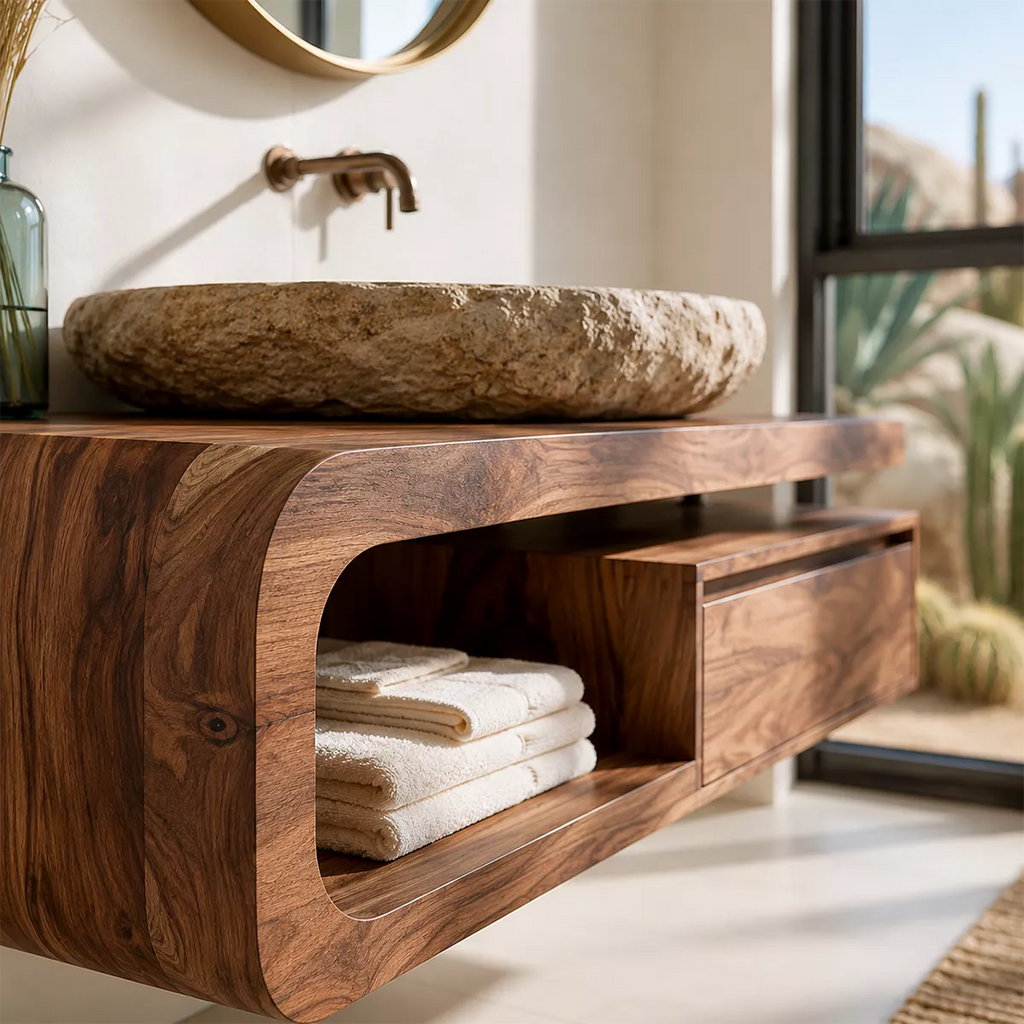 Floating Solid Wood Bathroom Vanity With Rounded Open Shelf And Floating Drawer Storage