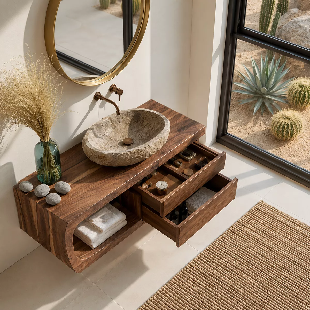 Floating Solid Wood Bathroom Vanity With Rounded Open Shelf And Floating Drawer Storage