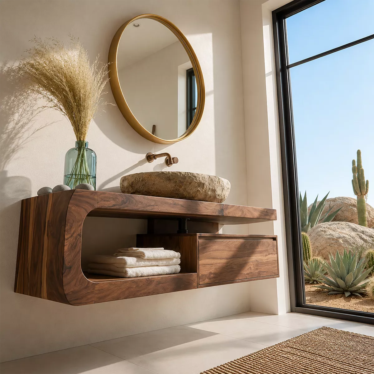 Floating Solid Wood Bathroom Vanity With Rounded Open Shelf And Floating Drawer Storage