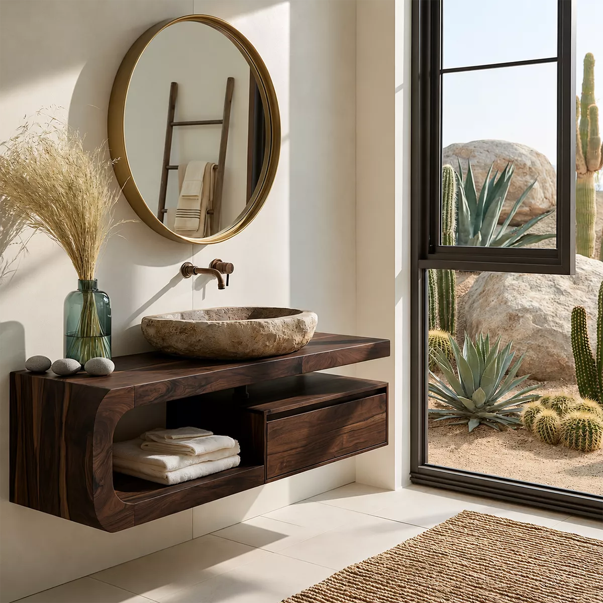 Floating Solid Wood Bathroom Vanity With Rounded Open Shelf And Floating Drawer Storage