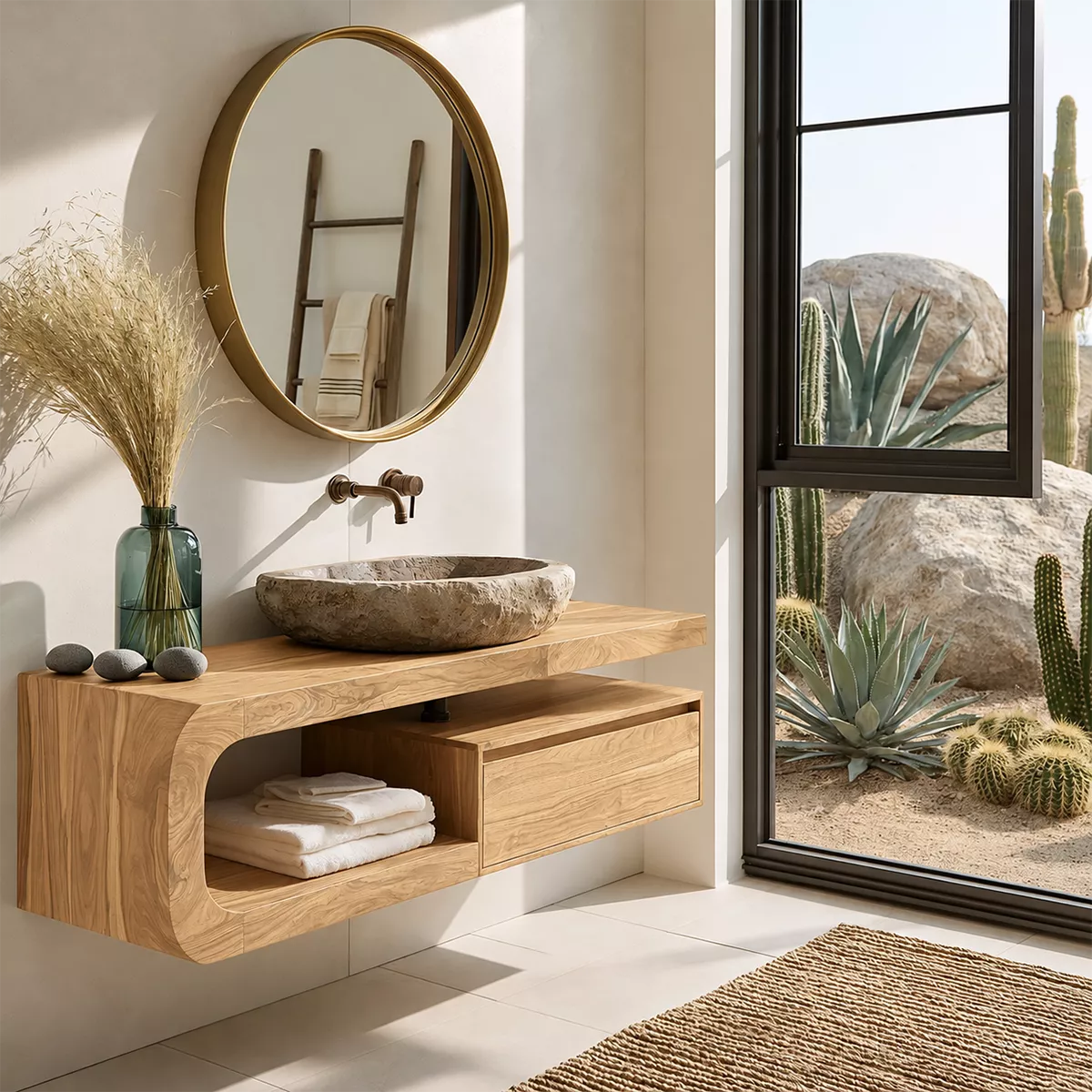 Floating Solid Wood Bathroom Vanity With Rounded Open Shelf And Floating Drawer Storage