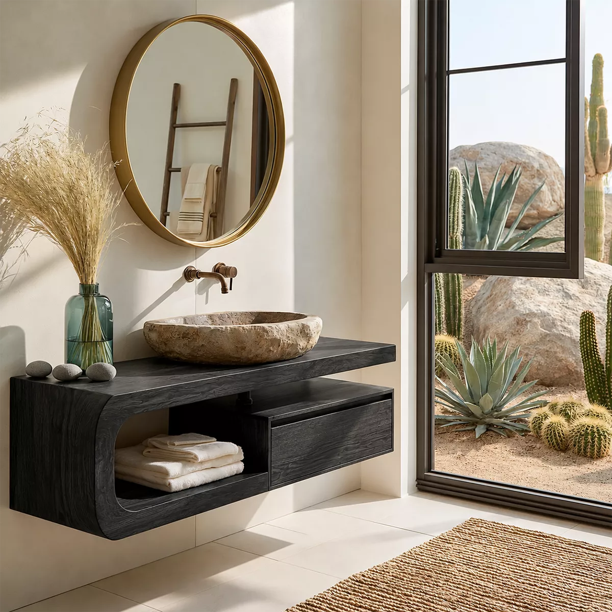 Floating Solid Wood Bathroom Vanity With Rounded Open Shelf And Floating Drawer Storage