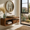 Floating Solid Wood Bathroom Vanity With Rounded Open Shelf And Floating Drawer Storage