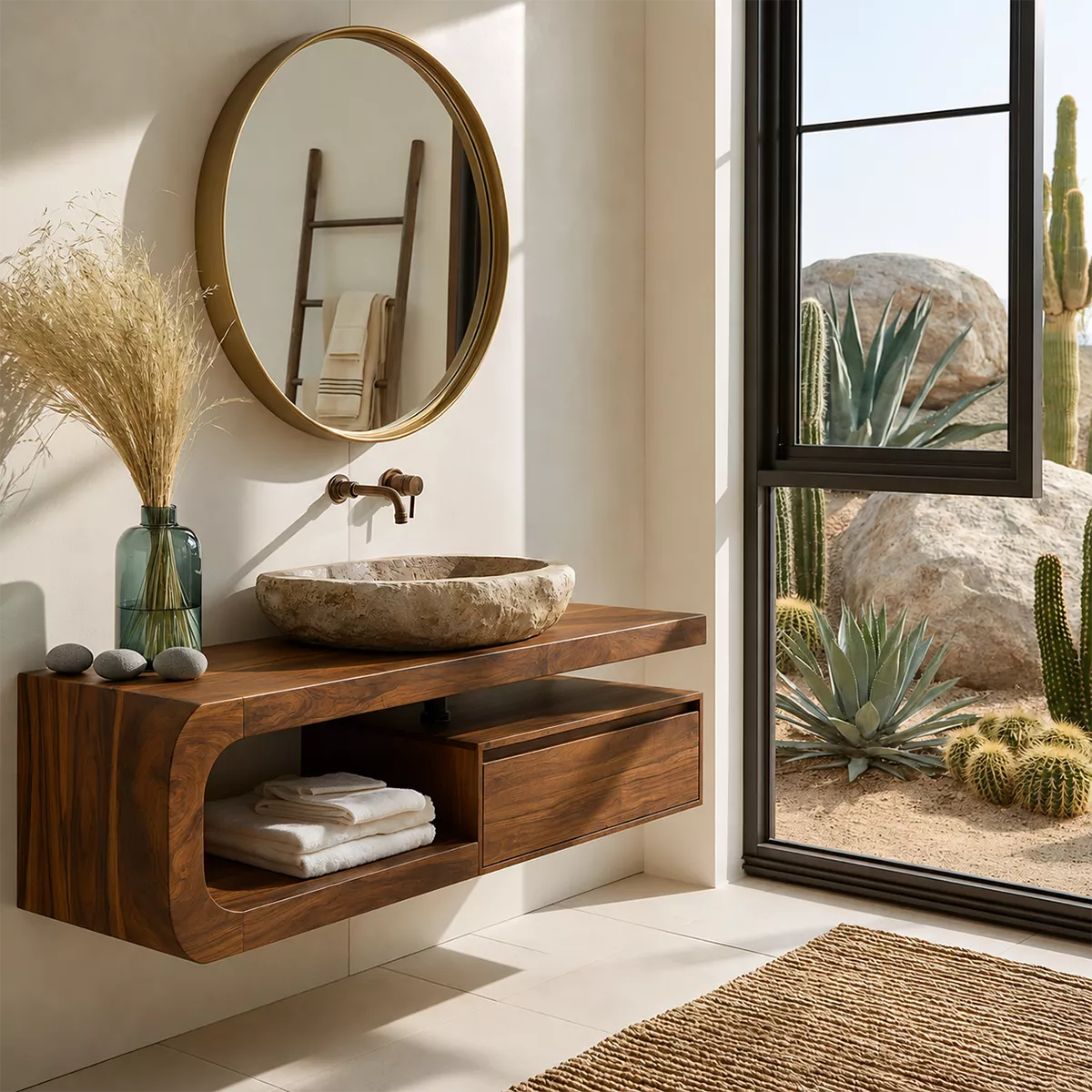 Floating Solid Wood Bathroom Vanity With Rounded Open Shelf And Floating Drawer Storage