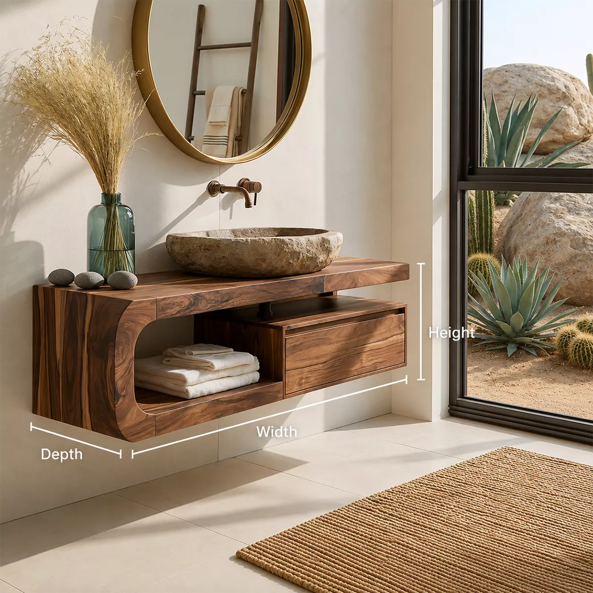 Floating Solid Wood Bathroom Vanity With Rounded Open Shelf And Floating Drawer Storage