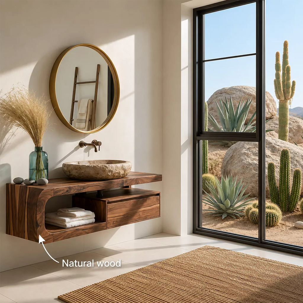 Floating Solid Wood Bathroom Vanity With Rounded Open Shelf And Floating Drawer Storage