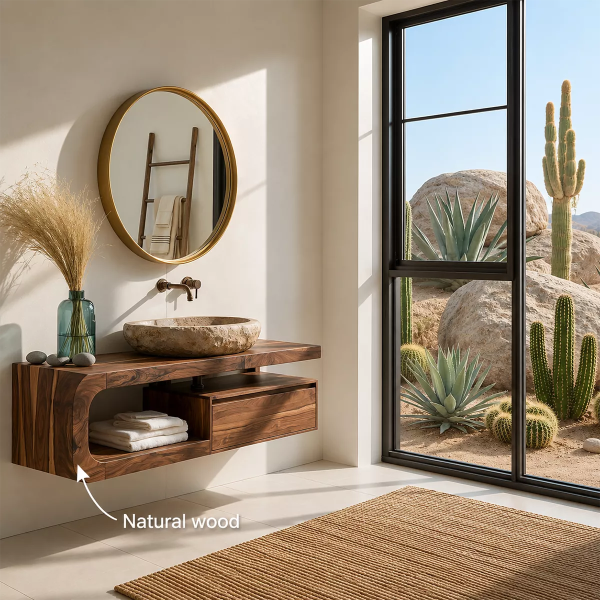 Floating Solid Wood Bathroom Vanity With Rounded Open Shelf And Floating Drawer Storage