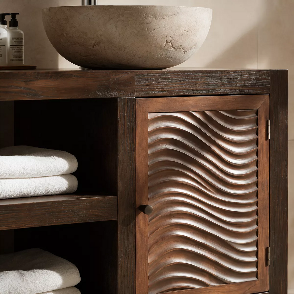 Double Sink Solid Wood Bathroom Vanity With Carved Wave Doors And Open Shelf Storage