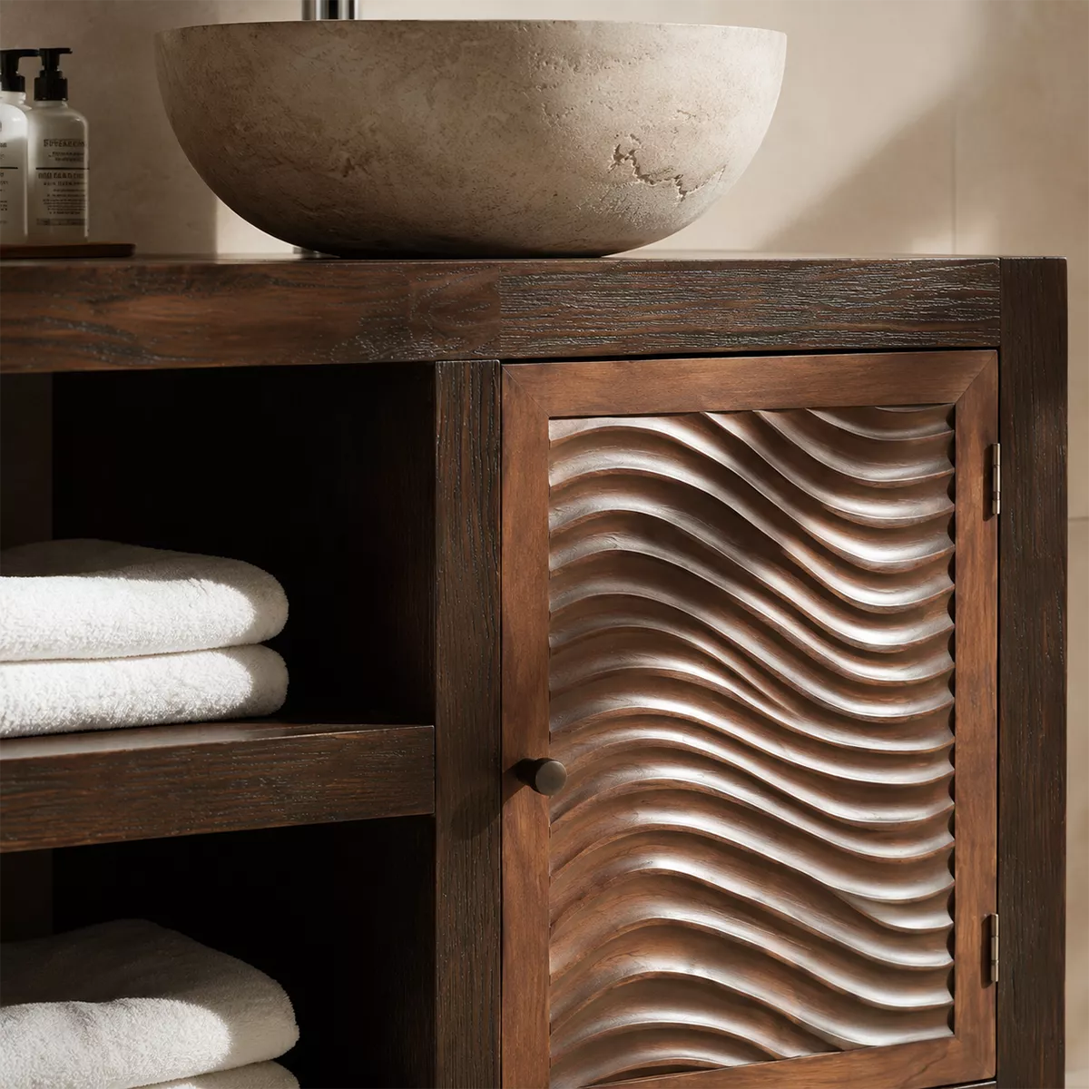 Double Sink Solid Wood Bathroom Vanity With Carved Wave Doors And Open Shelf Storage