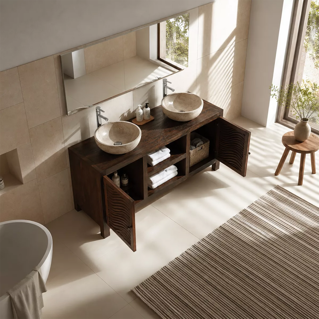 Double Sink Solid Wood Bathroom Vanity With Carved Wave Doors And Open Shelf Storage