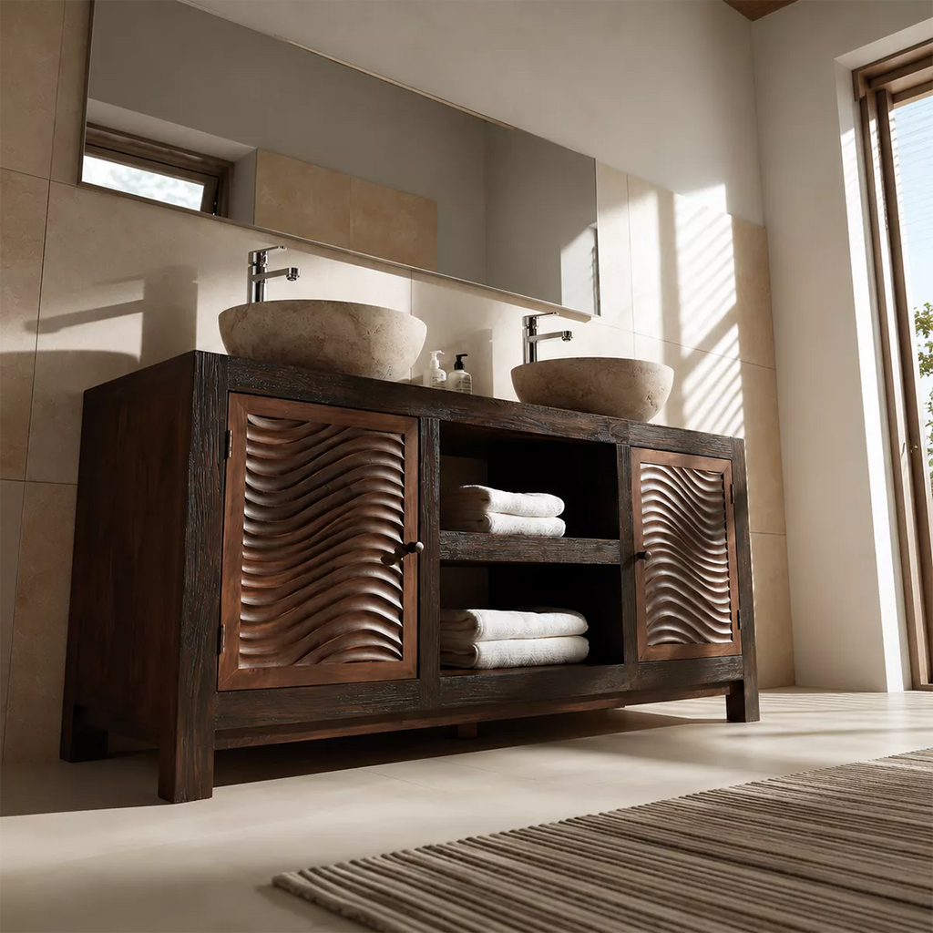 Double Sink Solid Wood Bathroom Vanity With Carved Wave Doors And Open Shelf Storage