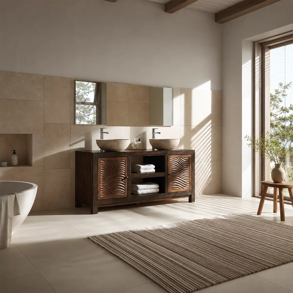 Double Sink Solid Wood Bathroom Vanity With Carved Wave Doors And Open Shelf Storage