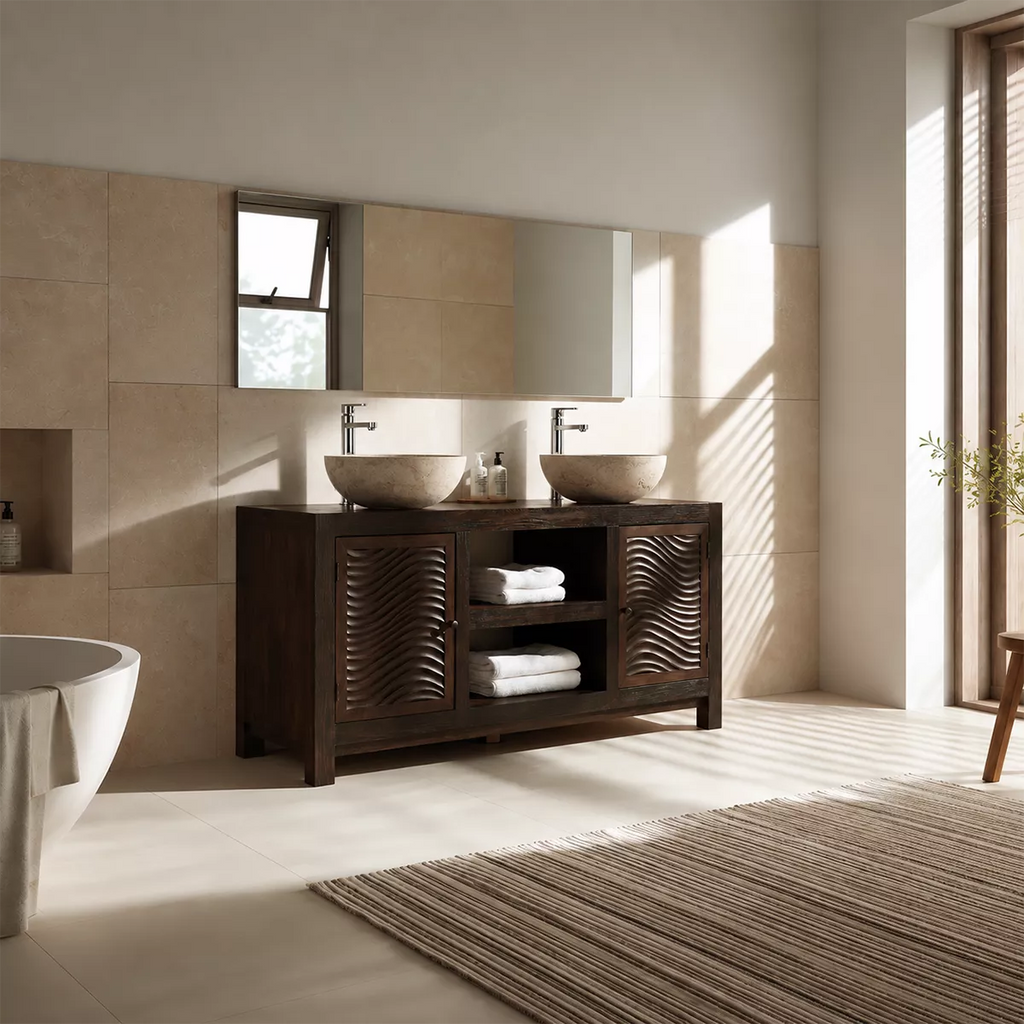 Double Sink Solid Wood Bathroom Vanity With Carved Wave Doors And Open Shelf Storage