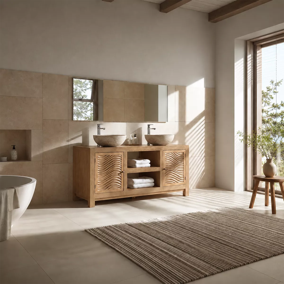 Double Sink Solid Wood Bathroom Vanity With Carved Wave Doors And Open Shelf Storage