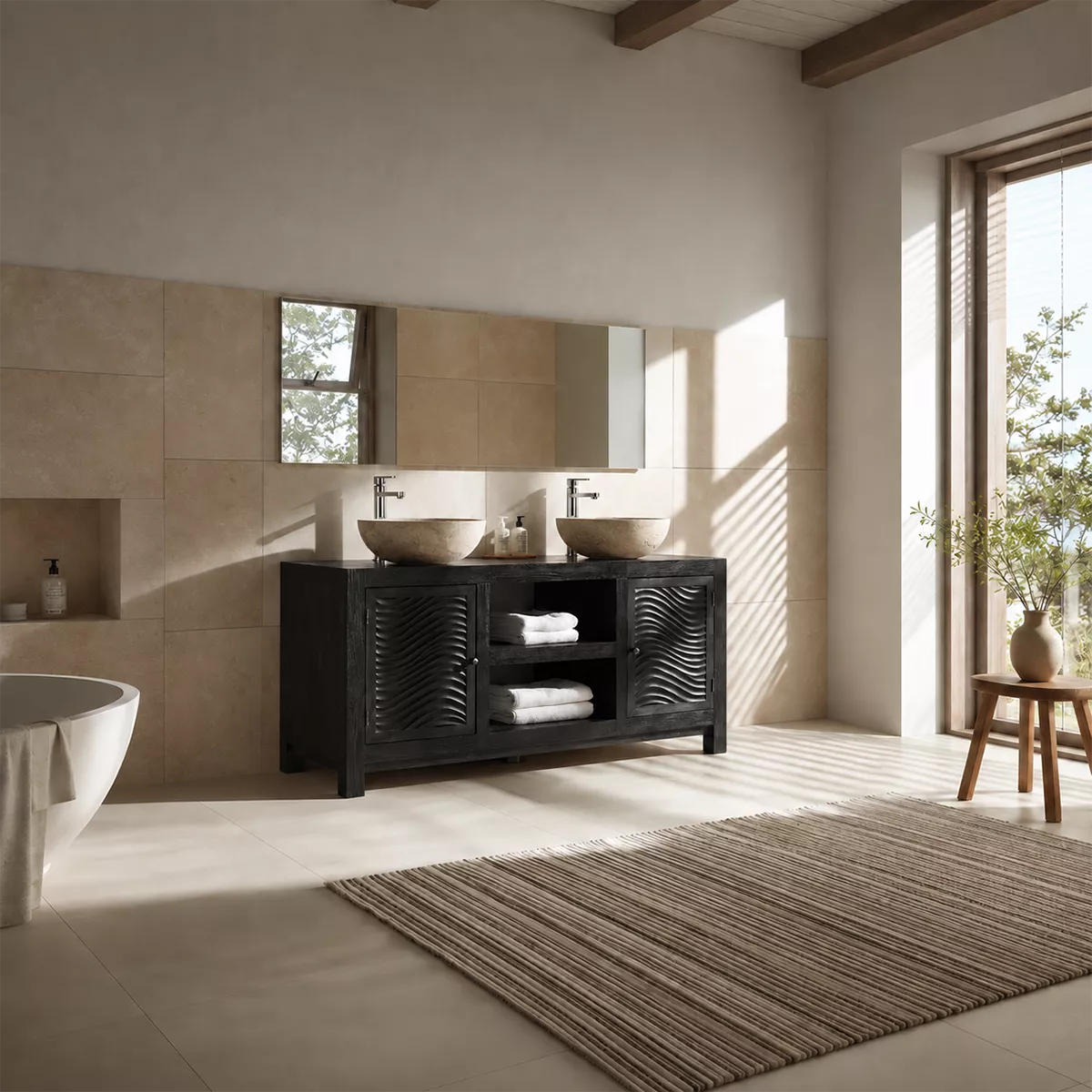 Double Sink Solid Wood Bathroom Vanity With Carved Wave Doors And Open Shelf Storage