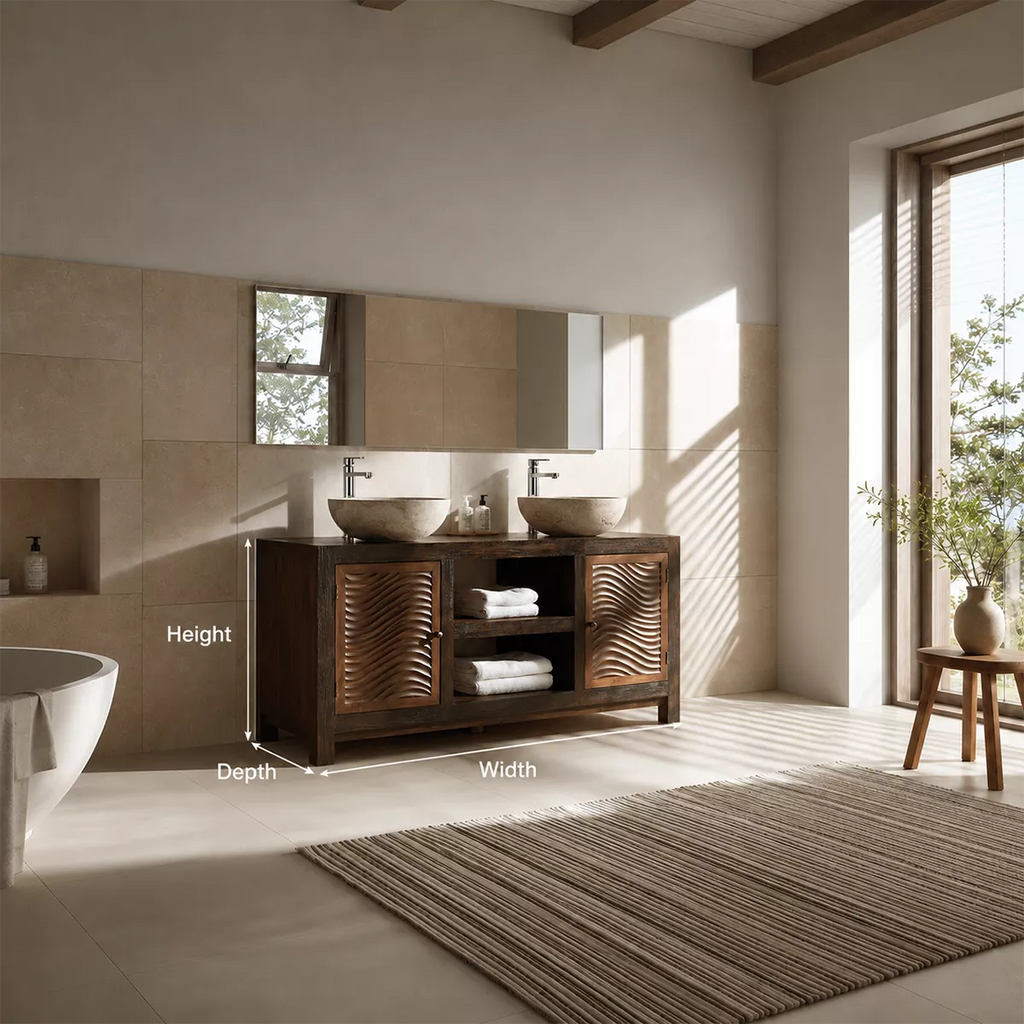 Double Sink Solid Wood Bathroom Vanity With Carved Wave Doors And Open Shelf Storage
