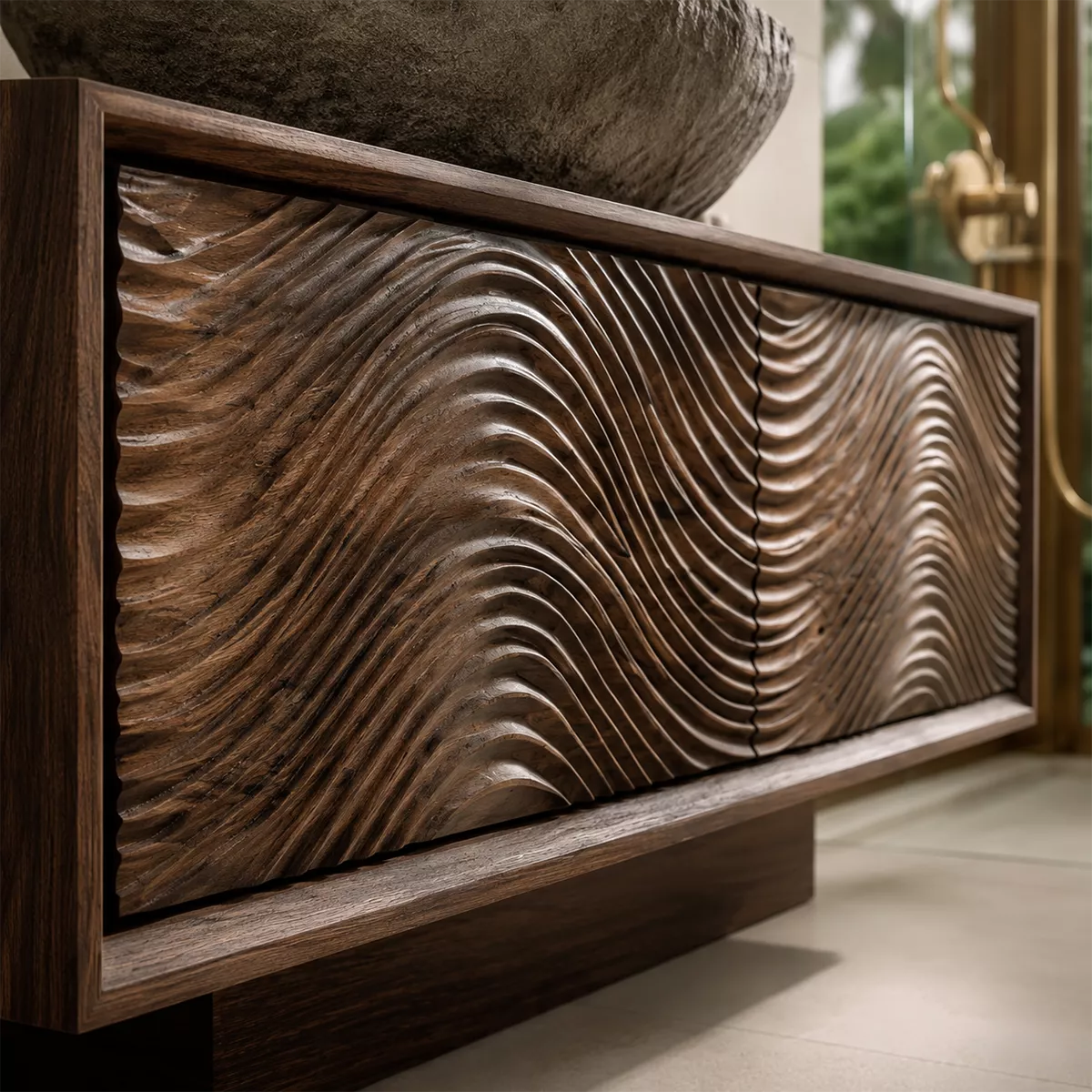 Floating Walnut Wood Bathroom Vanity With Carved Wave Front And Hidden Cabinet Storage