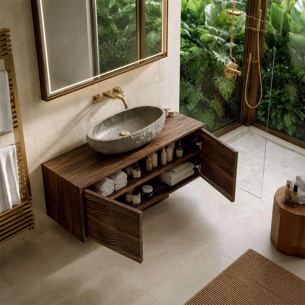 Floating Walnut Wood Bathroom Vanity With Carved Wave Front And Hidden Cabinet Storage