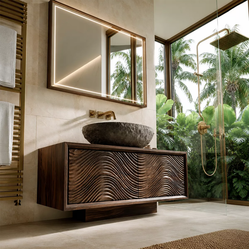 Floating Walnut Wood Bathroom Vanity With Carved Wave Front And Hidden Cabinet Storage
