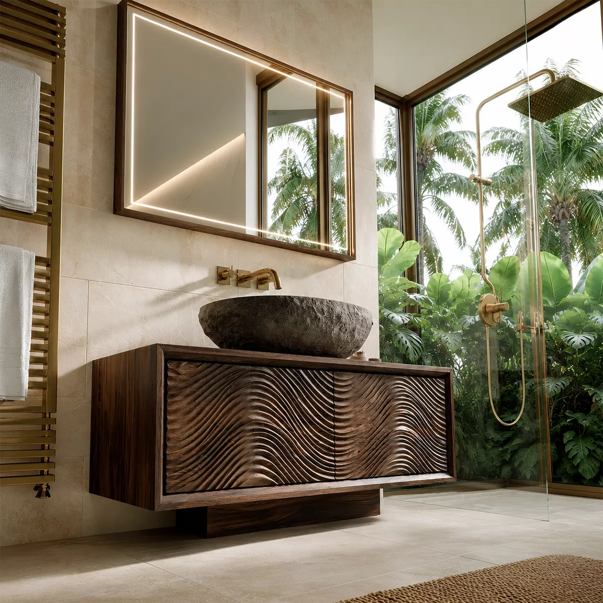 Floating Walnut Wood Bathroom Vanity With Carved Wave Front And Hidden Cabinet Storage