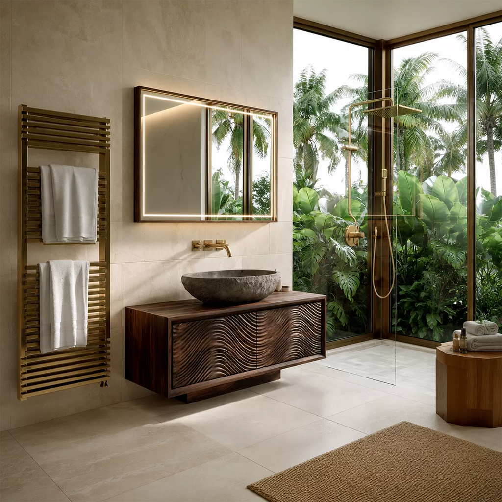 Floating Walnut Wood Bathroom Vanity With Carved Wave Front And Hidden Cabinet Storage