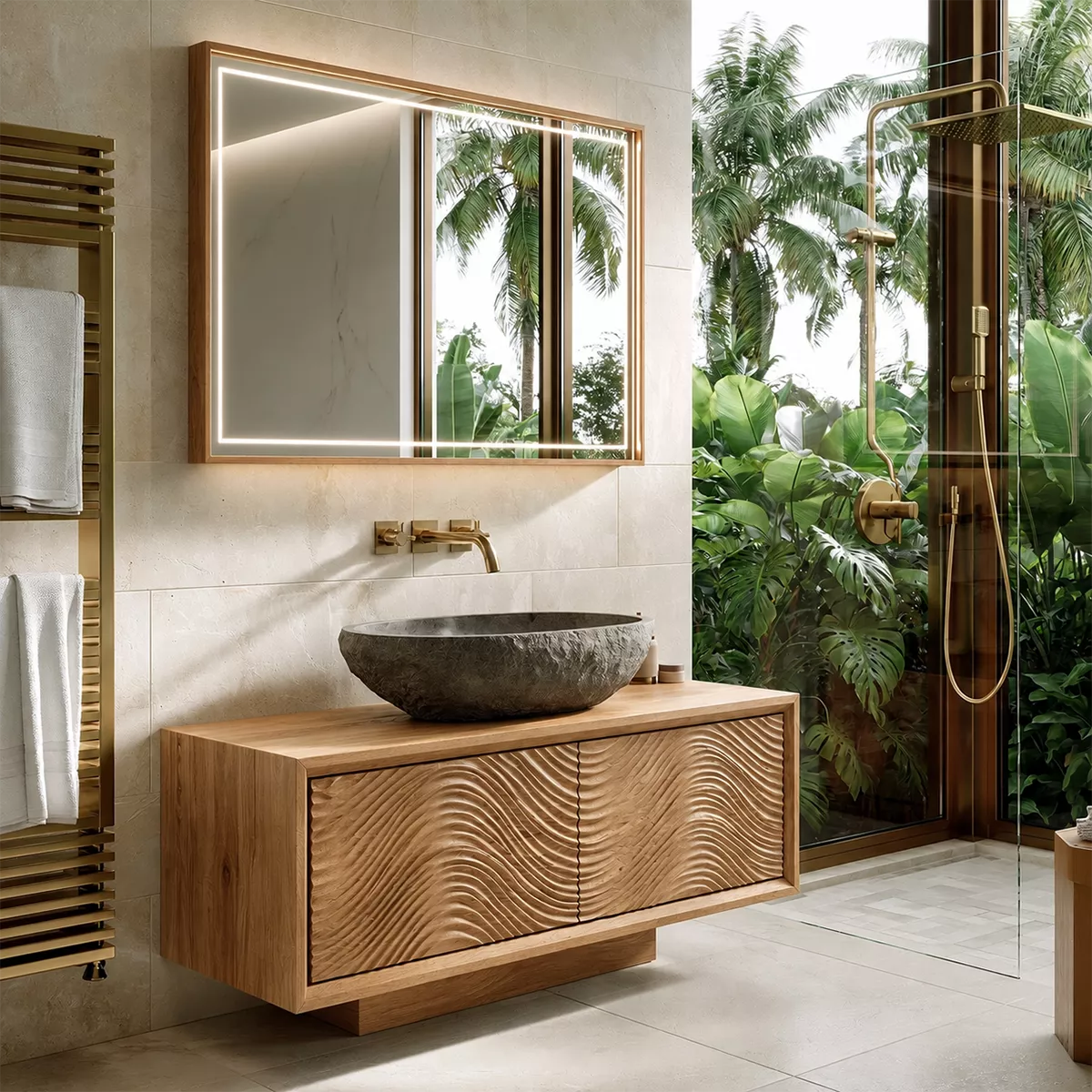 Floating Walnut Wood Bathroom Vanity With Carved Wave Front And Hidden Cabinet Storage