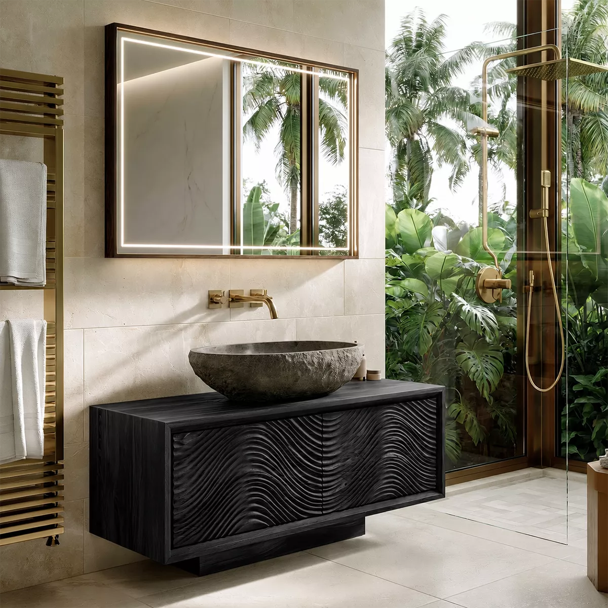 Floating Walnut Wood Bathroom Vanity With Carved Wave Front And Hidden Cabinet Storage