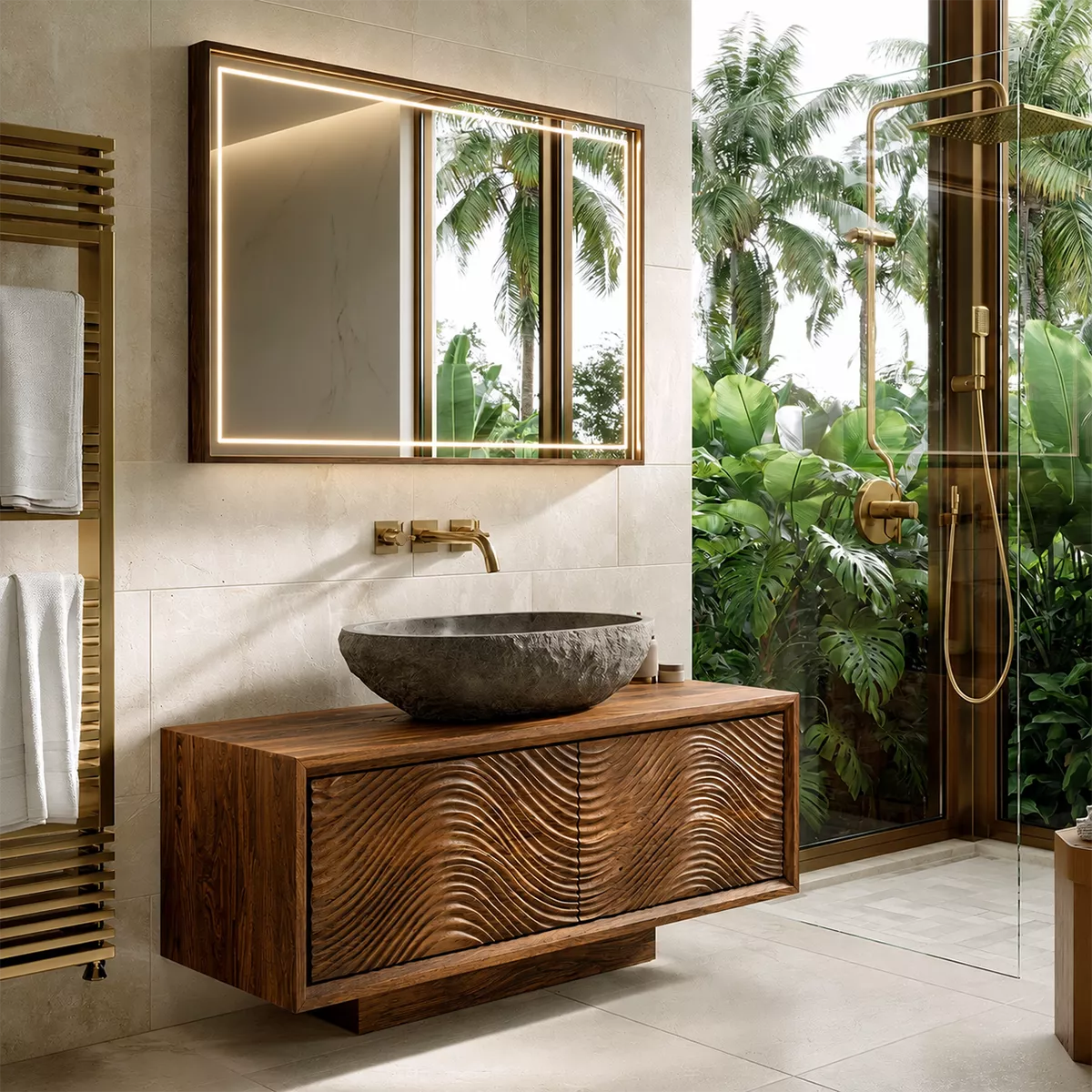 Floating Walnut Wood Bathroom Vanity With Carved Wave Front And Hidden Cabinet Storage