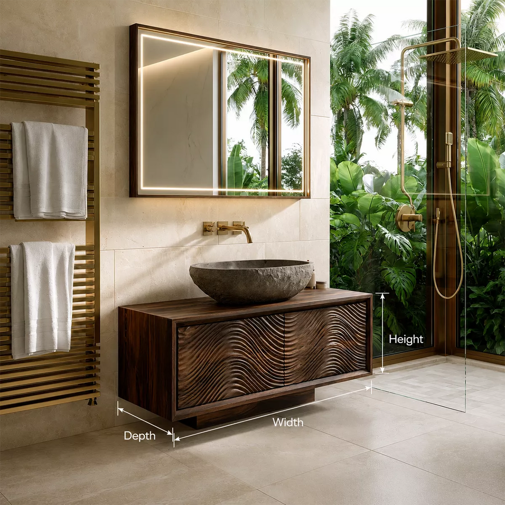 Floating Walnut Wood Bathroom Vanity With Carved Wave Front And Hidden Cabinet Storage