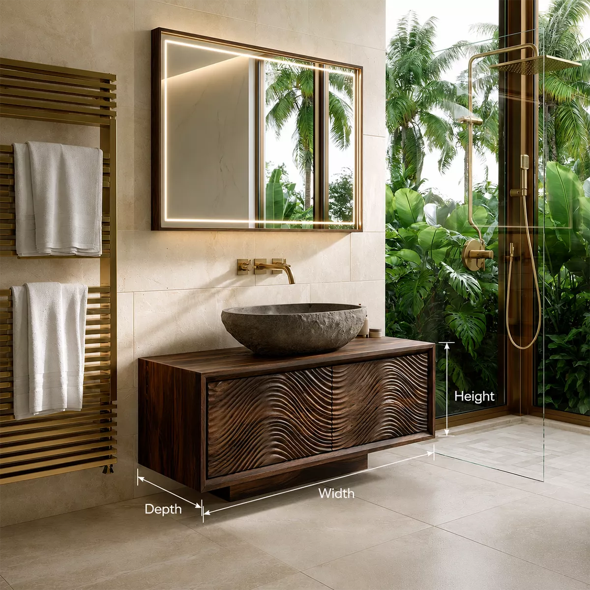 Floating Walnut Wood Bathroom Vanity With Carved Wave Front And Hidden Cabinet Storage