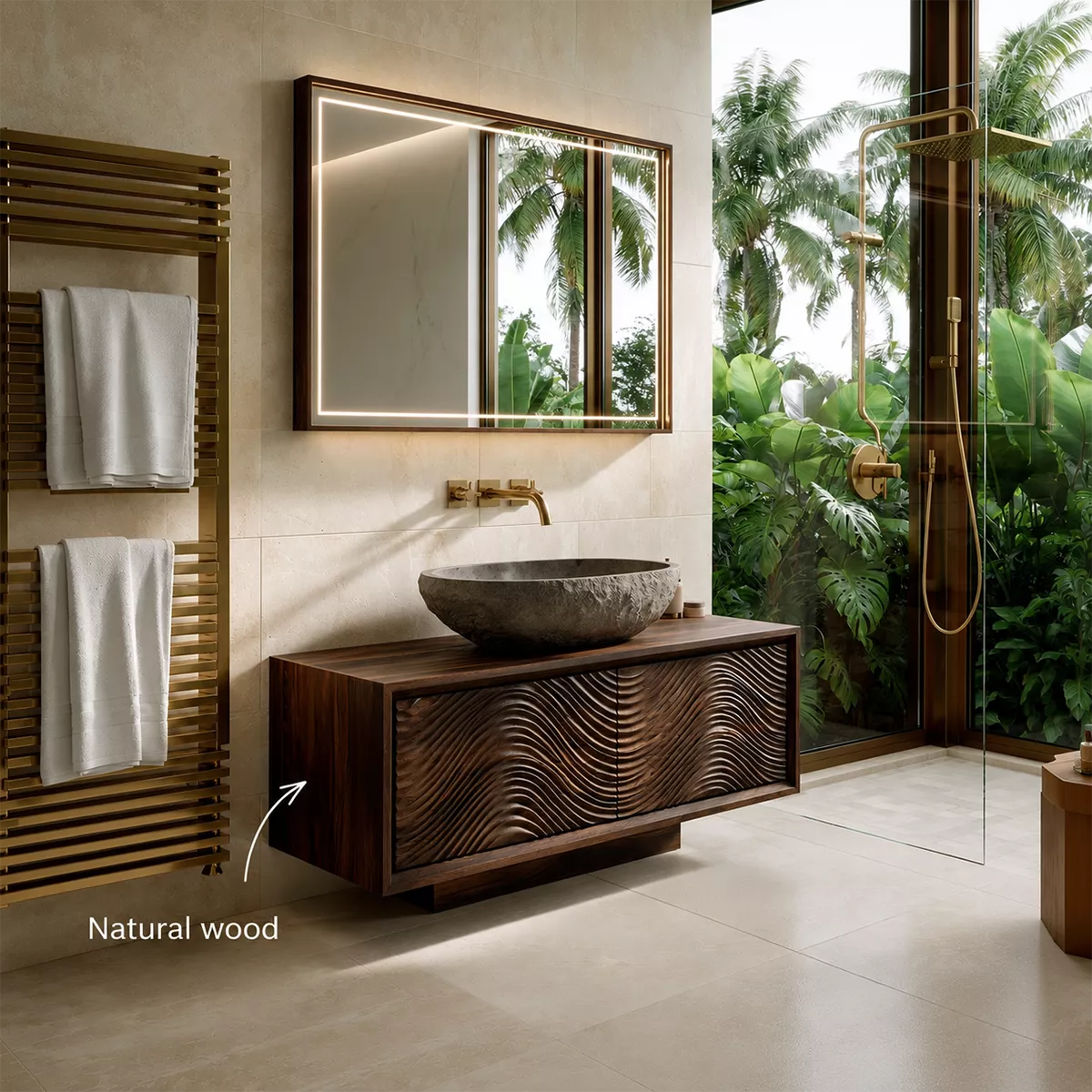 Floating Walnut Wood Bathroom Vanity With Carved Wave Front And Hidden Cabinet Storage