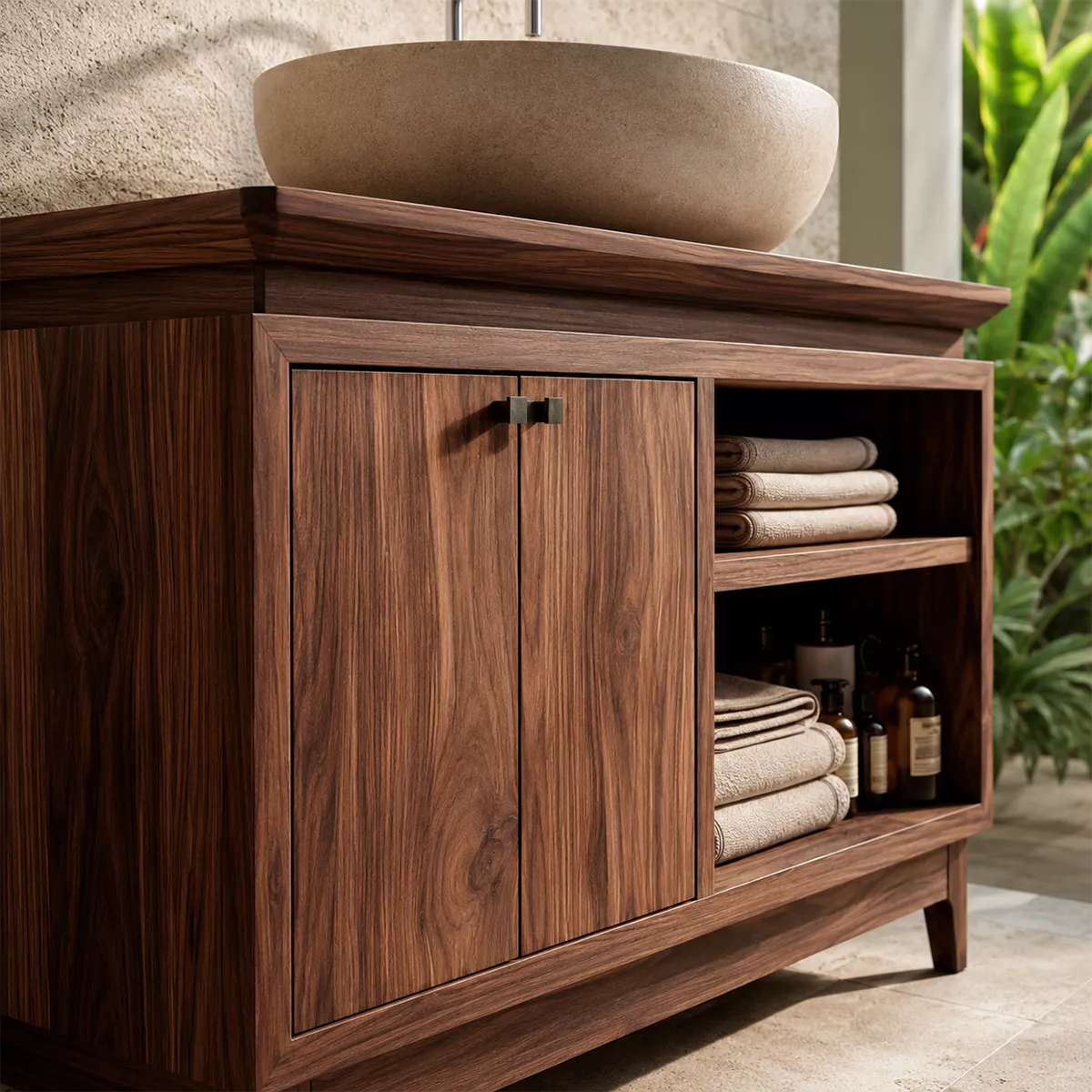 Freestanding Walnut Wood Bathroom Vanity With Hidden Cabinet And Open Shelf Storage