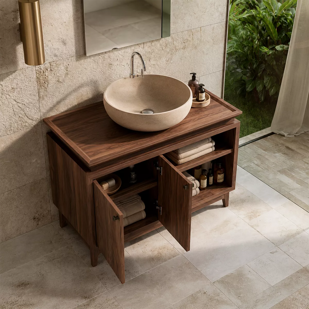 Freestanding Walnut Wood Bathroom Vanity With Hidden Cabinet And Open Shelf Storage