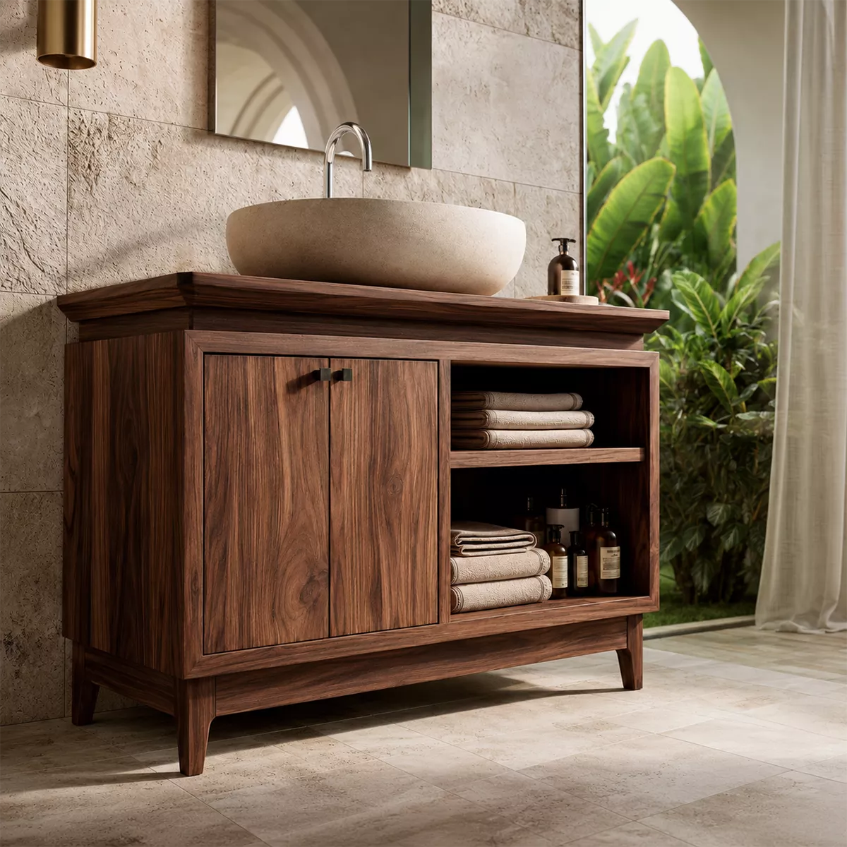 Freestanding Walnut Wood Bathroom Vanity With Hidden Cabinet And Open Shelf Storage