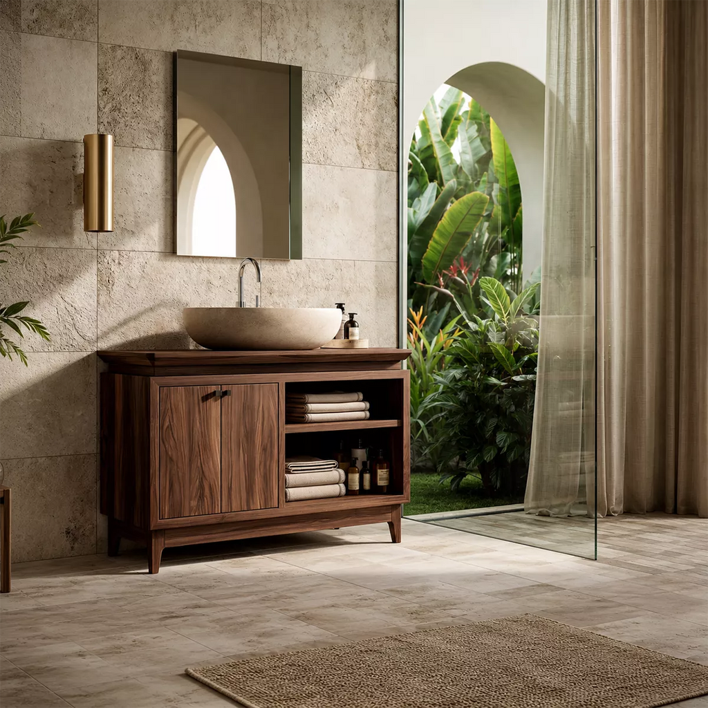 Freestanding Walnut Wood Bathroom Vanity With Hidden Cabinet And Open Shelf Storage