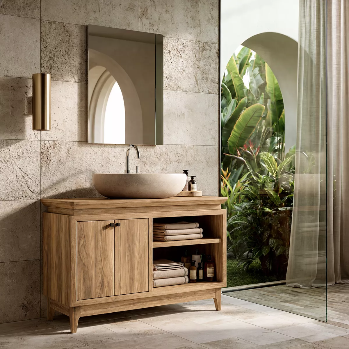 Freestanding Walnut Wood Bathroom Vanity With Hidden Cabinet And Open Shelf Storage