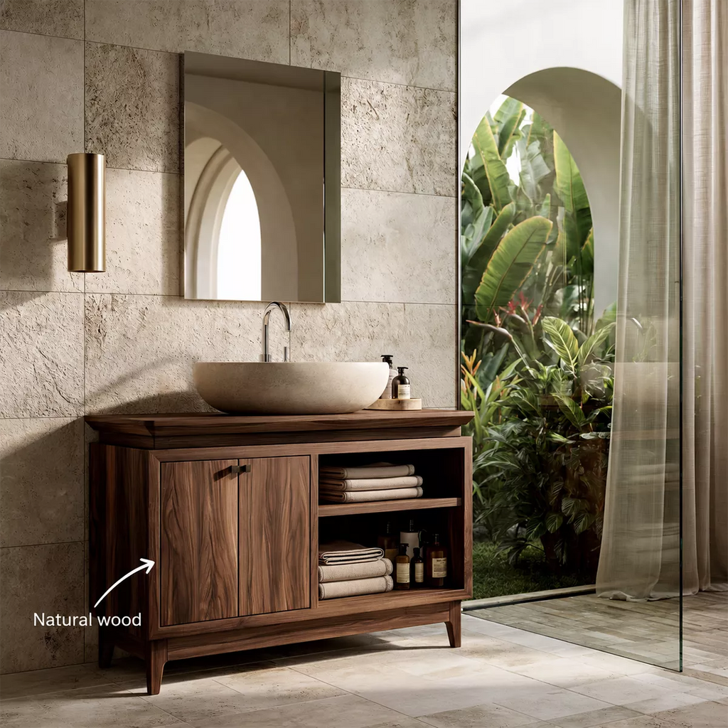 Freestanding Walnut Wood Bathroom Vanity With Hidden Cabinet And Open Shelf Storage